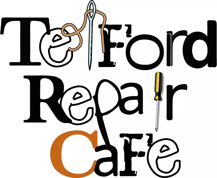 Logo of Telford Repair Cafe is orange and black and features tools as some of the letters